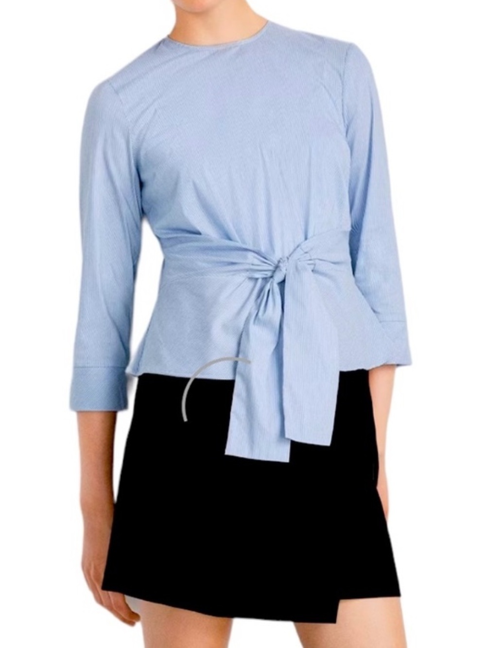 Zara Light Cotton Blue & White Pinstriped Tie-Front Small Blouse